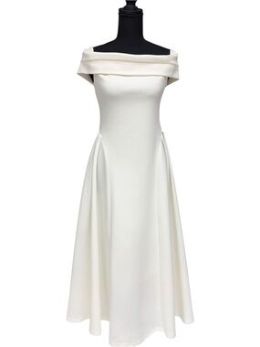 ZESICA Off Shoulder White Midi Dress Women’s Size M Elegant A-Line Bridal Shower